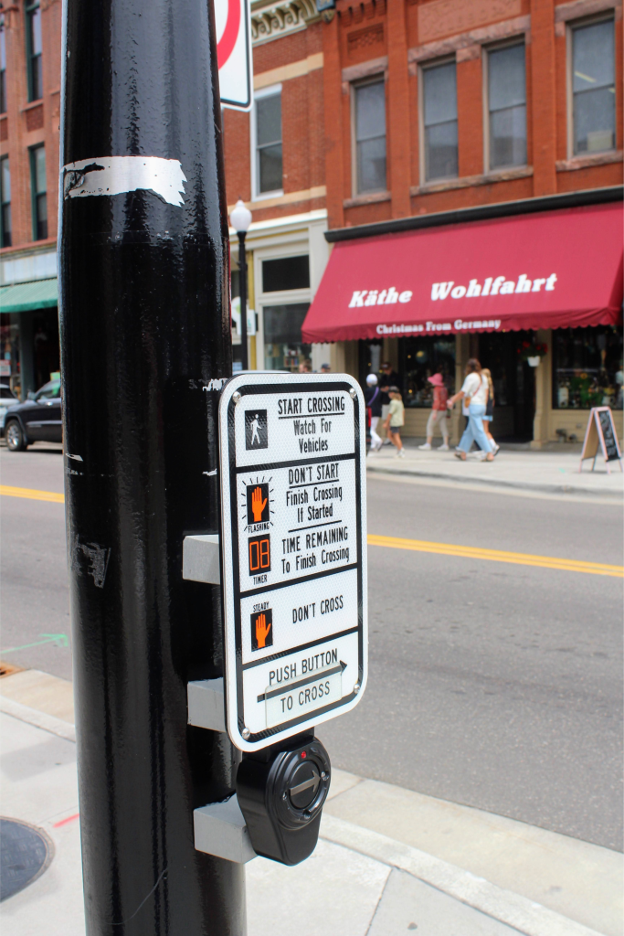 The crosswalk button with audio to let you know to cross or wait, accessible feature in Stillwater