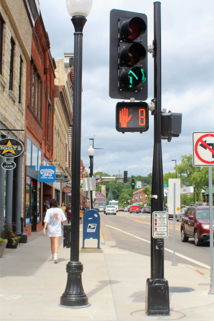 The crosswalk button with audio to let you know to cross or wait, accessible feature in Stillwater